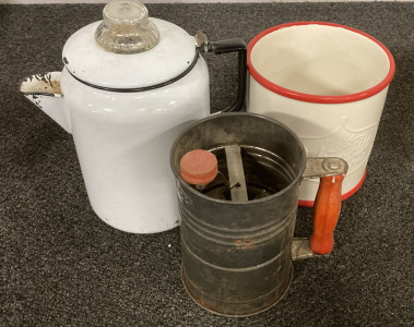 Vintage 3 Paddle Agitator, Vintage Coffee Percolator, and Vintage Utensils Can