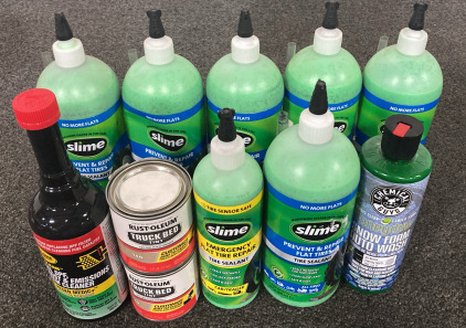 Slime! (6) 32 Oz Bottles of Slime, 16 Oz Bottle of Slime, Honeydew Snow Foam Auto Wash, (2) 6 Oz Rustoleum Tan Truck Bed Tint, And Rislone DPF Clean