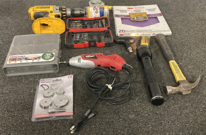 Hyper Tough Rotary Tool With Dremel Attachments, DeWalt Cordless Drill (Untested, No battery), 25’ Tape Measure, 3M 180 Grit No Slip Grip Sanding Sheets(9 Piece), And More!