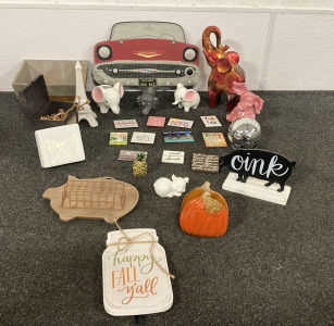 Assorted Elephant And Pig Decor, Chevrolet Key Rack, Pumpkin Napkin Holder, Fridge Magnets, Pineapple Ring Holder and More!