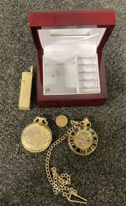 Mejesti Pocket Watch (Works!) and Unbranded Pocket Watch In Decorative Case With Rupee and Vintage Lighter