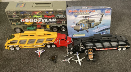 Assorted Hotwheels and Matchbox Cars With Carriers! Plus Model Kit Blackhawk, Tech2 Speaker (Works!) And More
