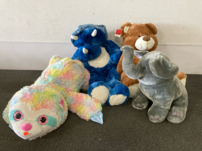 Stuffed Animals- Large Bear, Triceratops, Sloth And Elephant