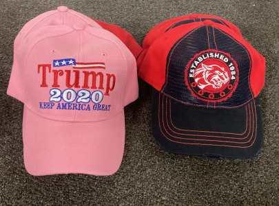 (2) Pink Trump 2020 &ldquo;Keep America Great&rdquo; Hats And (4) Pugs Brand Navy Blue and Red Bobcat Hats