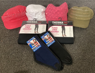 (4) New Pugs Brand Womens Hats, (2) New Therma Fleece Lined Leggings (One Size Fits Most), (2) New Pgm Fleece Headbands (Navy Blue & Black)