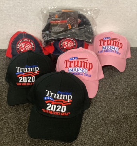 (2) Pink Trump 2020 Hats, (2) Black Trump 2020 Hats, Two Pug Brand Bobcat Navy Blue & Red Hats, (1) Hotmocs Black Beanie W/ Two Heat Packs