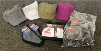 (4) New Pugs Brand Womens Hats, (1) New Therma Fleece Lined Leggings (One Size Fits Most), (2) New Pgm Fleece Headbands (Grey), (3) Hot Mocs Black Beanies Including Two Warmers Each