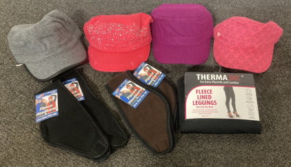 (4) New Pugs Brand Womens Hats, (1) New Therma Fleece Lined Leggings (One Size Fits Most), (4) New Pgm Fleece Headbands (Brown & Black)
