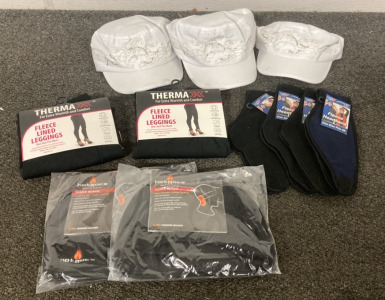 (3) New Scala Pronto White Jeweled Hats, (2) New Fleece Lined Leggings (One Size Fits Most), (4) New Fleece Headbands (3 Black, 1 Navy Blue), (2) New Hot Mocs Beanies Including Two Heat Packs Each
