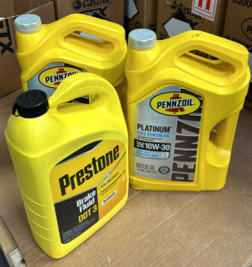 (2) Gallon Platinum Full Synthetic 10W-30 Motor Oil, (1) Gallon Prestone DOT 3 Brake Fluid