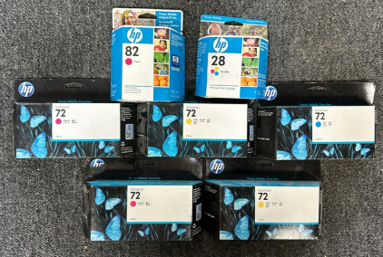 (5) 130ml Designjet 72 Ink Cartridges, (1) 69ml Designjet 82 Ink Cartridges, (1) 8ml Inkjet 28 Ink Cartridges