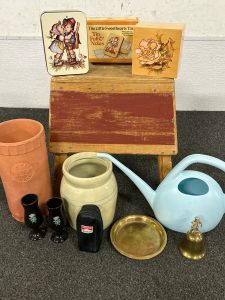 Vintage Collectible Marlboro Lighter Case, Wood Step Stool, Stone Utensil Container, Terra Cotta Wine Cooler, Vintage Metal Tin w/ Blank Note Paper & More