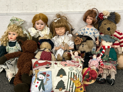 Porcelain Dolls, Teddy Bears, Bunnies, Moose, Handmade Dolls & Little Pillow