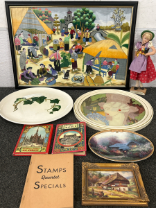 Intricately Detailed Framed Needlepoint Of A Village, Casa Carioca German Doll, Decorative Round Mirror & More