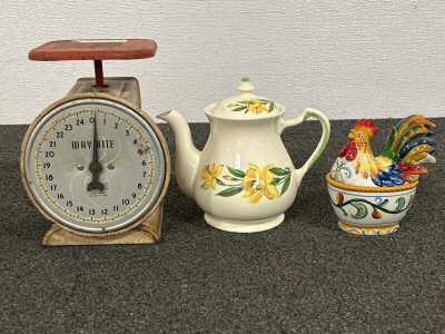 Vintage Retro Scale, Ceramic Teapot & Hen Sugar Dish w/ Spoon