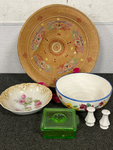 Vintage Translucent Green Small Dish w/ Lid (Possibly Uranium Glass), Vintage Rose Bowl, Deep Serving Bowl, Salt & Pepper Shakers Plus Asian Style Decorative Straw Hat