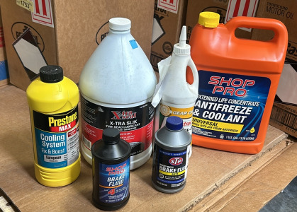 (1) Gallon Xtra Slik Tire Bead Lube, (1) Gallon Shop Pro Universal Antifreeze, (1) Qt Preston&rsquo;s Max European Cooling System Fix And More