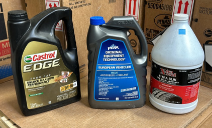 (1) Gallon Castrol 5W-40 Full Synthetic Motor Oil, (1) Gallon European Blue Antifreeze, (1) Xtra Seal Xtra Slik Tire Bead Lube