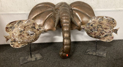 Metal Elephant Head Mount (2ftx30”), Two Metal Fish Stands