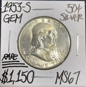 1953-S MS67 RARE Gem Silver Franklin Half Dollar