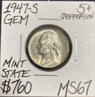 1947-S MS67 Gem Mint State Jefferson Nickel