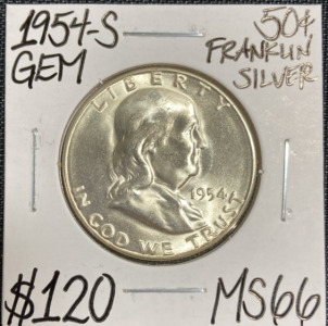 1954-S MS66 Gem Silver Franklin Half Dollar