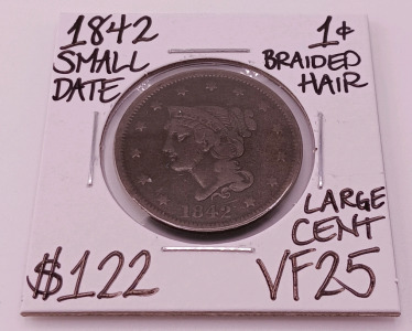 1842 Large Cent Braided Hair Small Date VF25