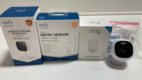 (2) Eufy Indoor Security Cameras, (1) Eufy Entry Sensor, (1) Ring Contact Sensor