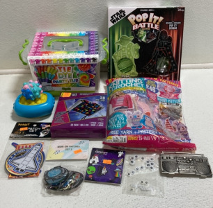 Tie Dye Party Tub, Pop It Battle Game, Knitting/Crochet Kit, 38” Frameless Kite, (2) Sets of Patches, Set of Space Pins and more