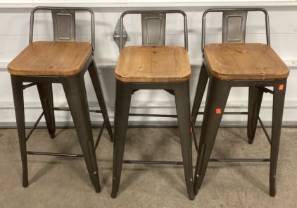 (3) Short Back Wood and Metal Barstools