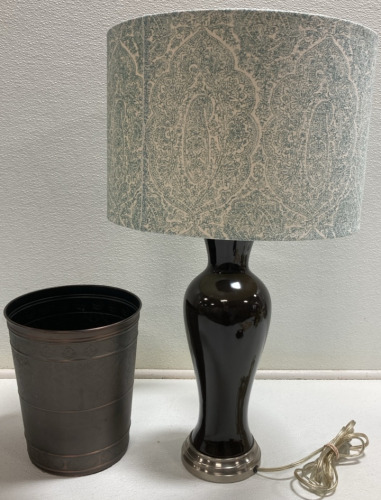 Dark Brown Table Lamp w/ Teal Shape, Dark Copper Color Bathroom Trash Can