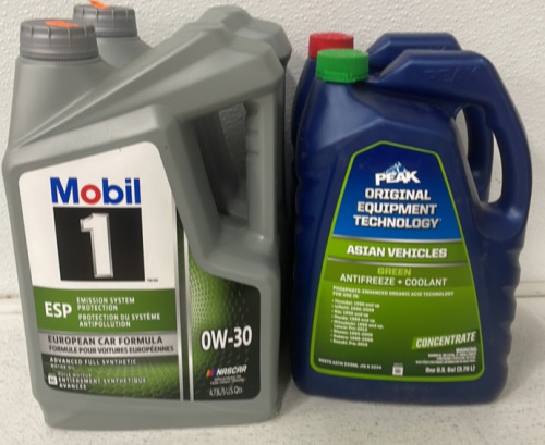 (2) Mobil ESP 0W-30 (5qt) Motor Oil (2) Peak Anti Freeze (5qt)