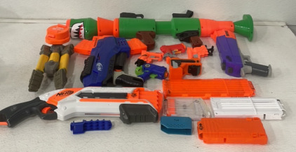 (1) Fortnite Rocket Launcher Nerf Gun (7) Assorted Nerf Blasters With Accessories