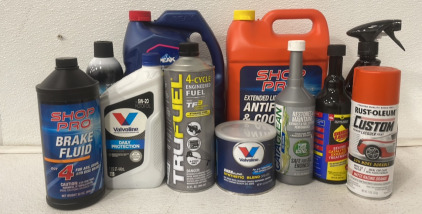 (2) Assorted (5qt) Anti Freeze (1) Rustoleum Lacquer Paint (1) Brake Fluid And More!