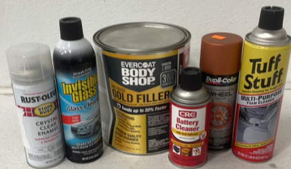 (1) Evercoat (3L) Body Shop Gold Filler (1) Rustoleum Crystal Clear Enamel (1) Battery Cleaner and More!