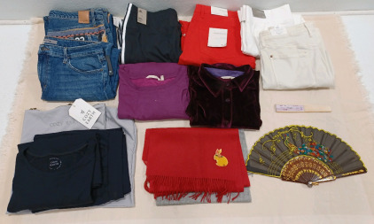 (15) Assorted Ladies Clothing (2) Shirts (6) Pants & Jean's & Sweatpant (1 Pair) Comfy Top & Pants (2) Fans (2) Scarves (1) Pin