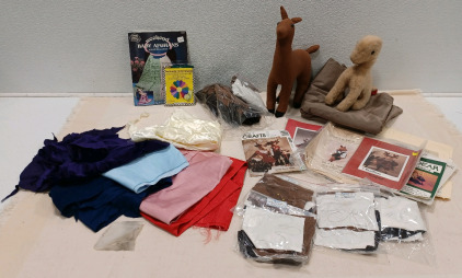 (1) Baby Afghans Knitting & Crocheting Book (6) Reindeer Patterns & Box of Fabric For Projects & More!