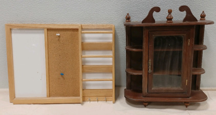 (1) Vintage Wood Display Cabinet (1) Wooden Organizer & Corkboard