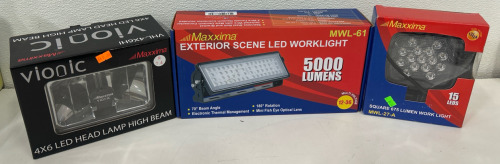 (1) Maxxima VHL-4X6HI Vionic 4X6 High Beam LED Headlight (1) Work Light,5000 lm,3-45/64" H,Black (1) Maxxima MWL-27 9 LED Square Light Weight Work Light 675 Lumens