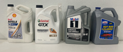 (1)Shell Rotella 550045144 T4 Triple Protection Conventional 10W-30 Diesel Engine Oil (1) Castrol GTX 20W-50 Conventional Motor Oil, 5 Quarts (1) Mobil 1 FS European Car Formula Full Synthetic Motor Oil 5W-40, 5 Quart (1) Lucas Oil 10684 Hot Rod & Classic