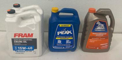 (2) FRAM SAE 15W-40 CK4 Heavy Duty Conventional Diesel Engine Oil (1) Peak 50/50 Prediluted Antifreeze And Coolant For All Engine Cooling Systems (1) Peak OET Orange Antifreeze + Coolant, 50/50 Prediluted, North American Vehicles