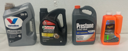 (1)Valvoline Advanced Full Synthetic SAE 10W-30 Motor Oil 5 QT (1) Castrol Transmax Dexron VI/Mercon LV Automatic Transmission Fluid 1 Gallon (1) Prestone AF850 Dex-Cool 50/50 Antifreeze - 1 Gallon (1) Meguiar's Hybrid Ceramic Wash & Wax - 48 Oz Wash with