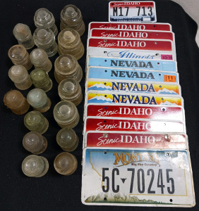 (19) Vintage Glass Insulators (13) Assorted License Plates