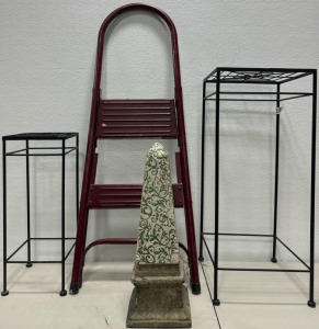 (2) Metal Plant Stands (1) Step Stool & (1) Outside Decoration