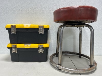 (2) Stanley Tool Boxes (1) Shop Stool