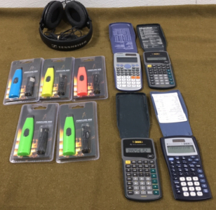 (5) USB Rechargeable Lighters, (4) Calculators & (1) Pair Sennheiser Headphones Model HD-201