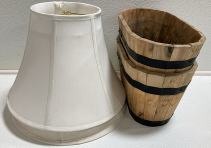 (2) White Lampshades, (2) Wood Barrel Planters