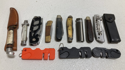 (9) Assorted Pocket Knives, (1) Lighter, (3) Knife Sharpeners