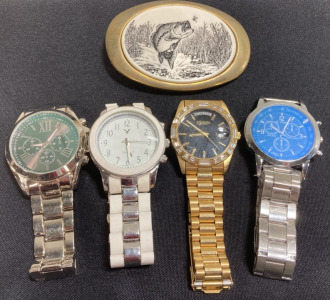 (4) Men’s Fashion Watches, (1) Brass Belt Buckle