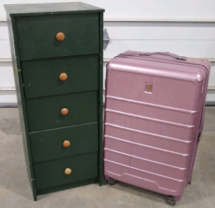 (1) 5 Drawer Dresser (1) Travel Pro Purple Suitcase